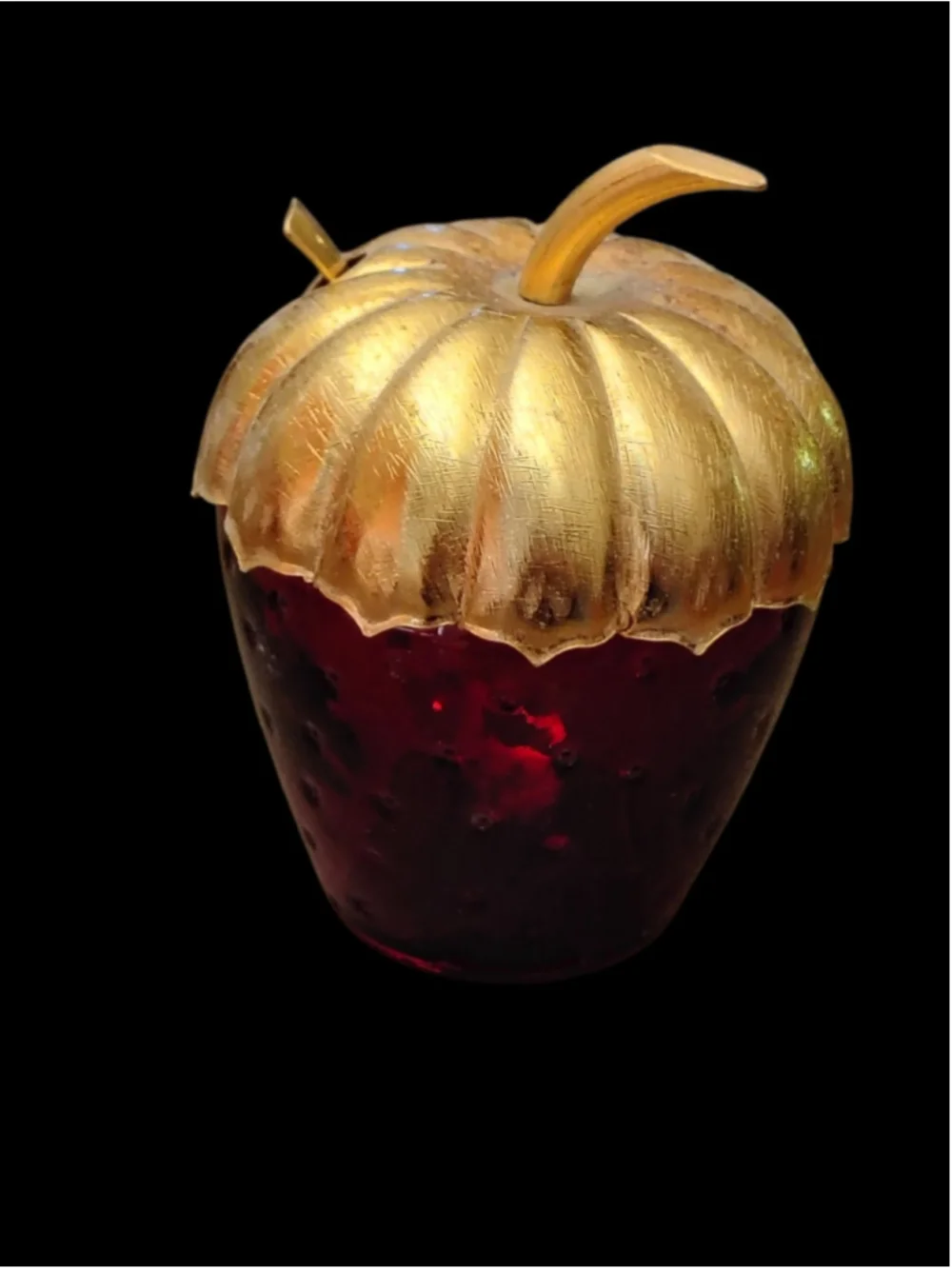 Avon Small strawberry Shaped Jam Jar Red Glass Gold Tone Metal Lid 4